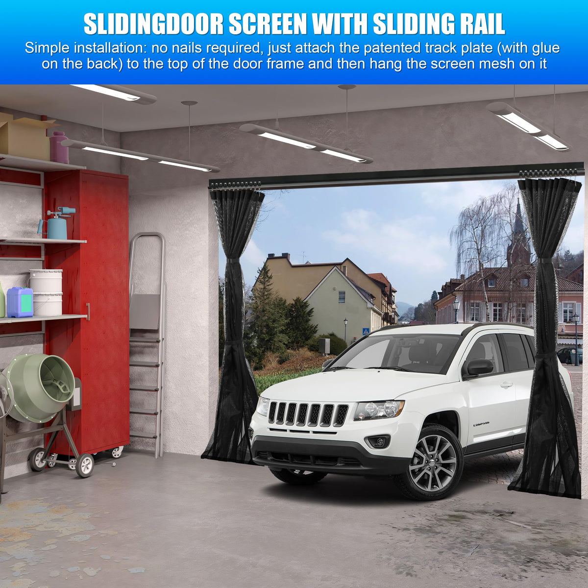 LIAMST sliding garage screen weighted bottom stabilizes in windy conditions