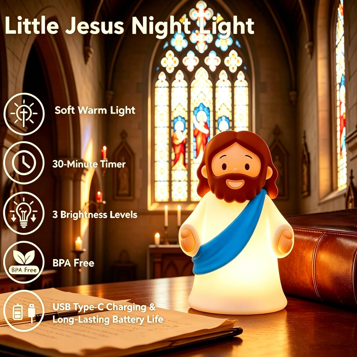 LiangBoKangKang Mini Jesus Figurine Light provides a gentle nighttime presence for prayers.