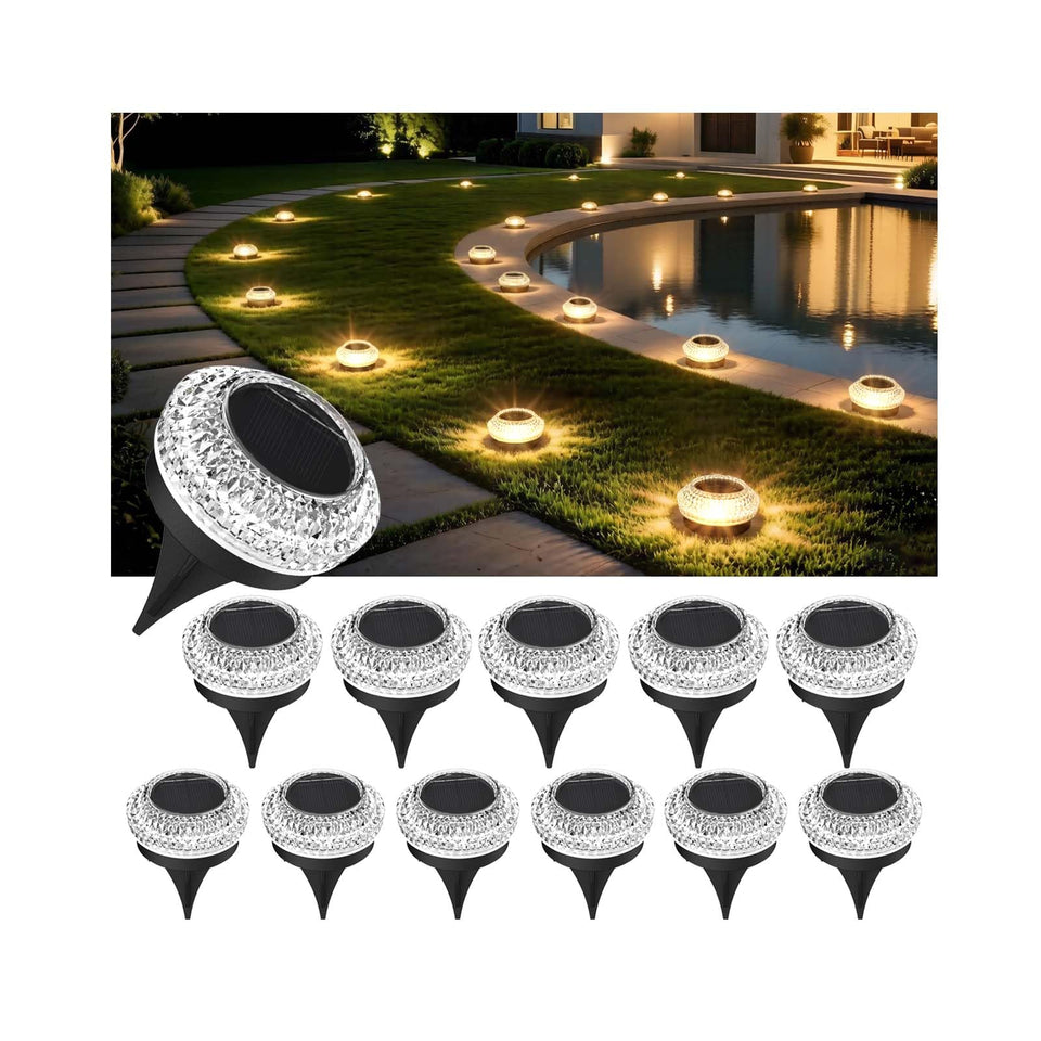 LIANGLOME solar deck light front view with warm white glow along a walkway