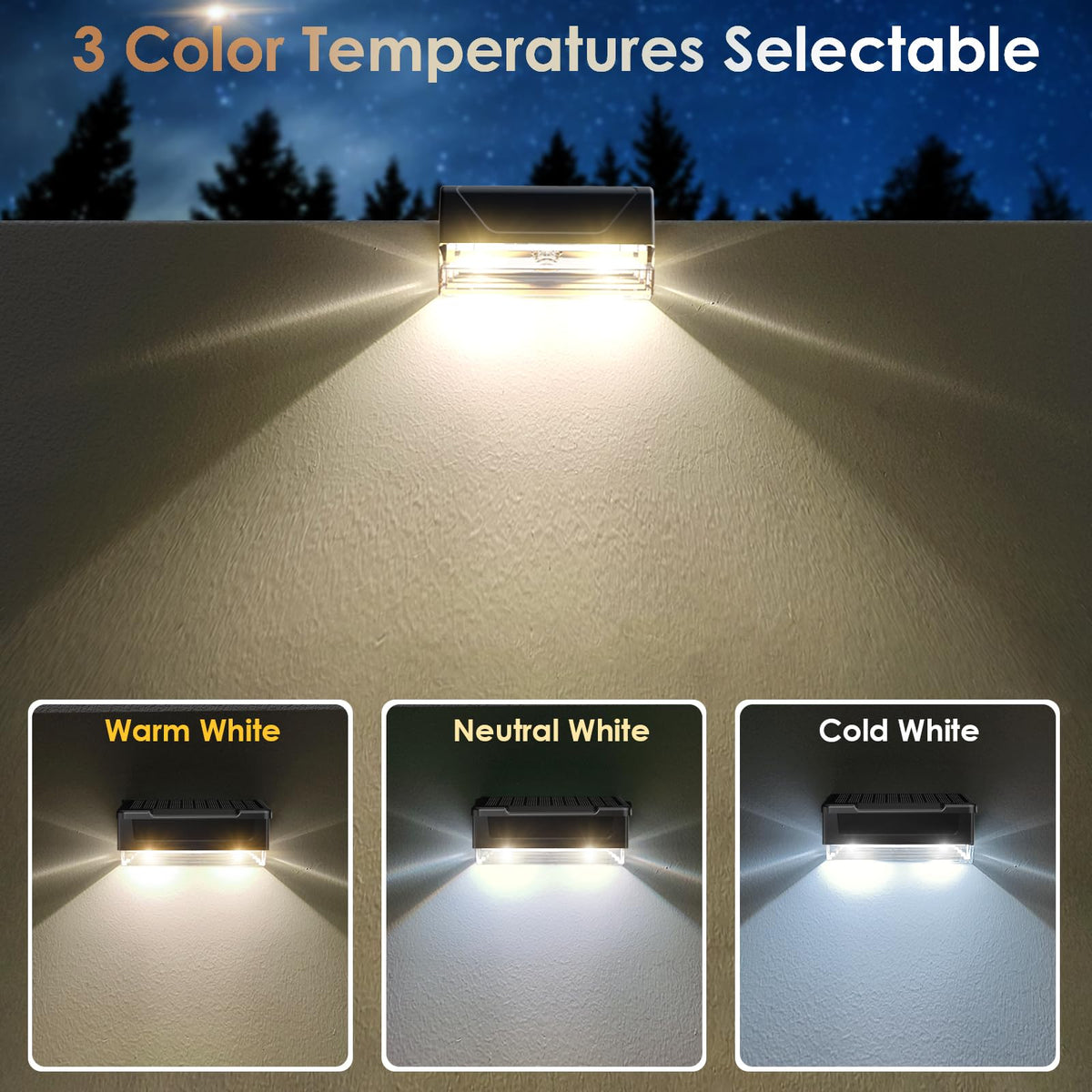 LIANGLOME solar fence light with neutral white mode highlighting fences and walls