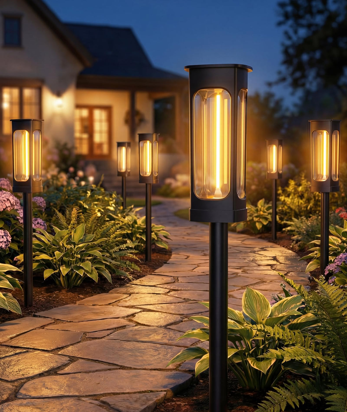LIANGLOME solar filament lights with a 6-inch filament illuminate a garden path with warm glow