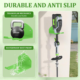 Compact trimmer rack neatly stores weed eaters and other tools for quick access