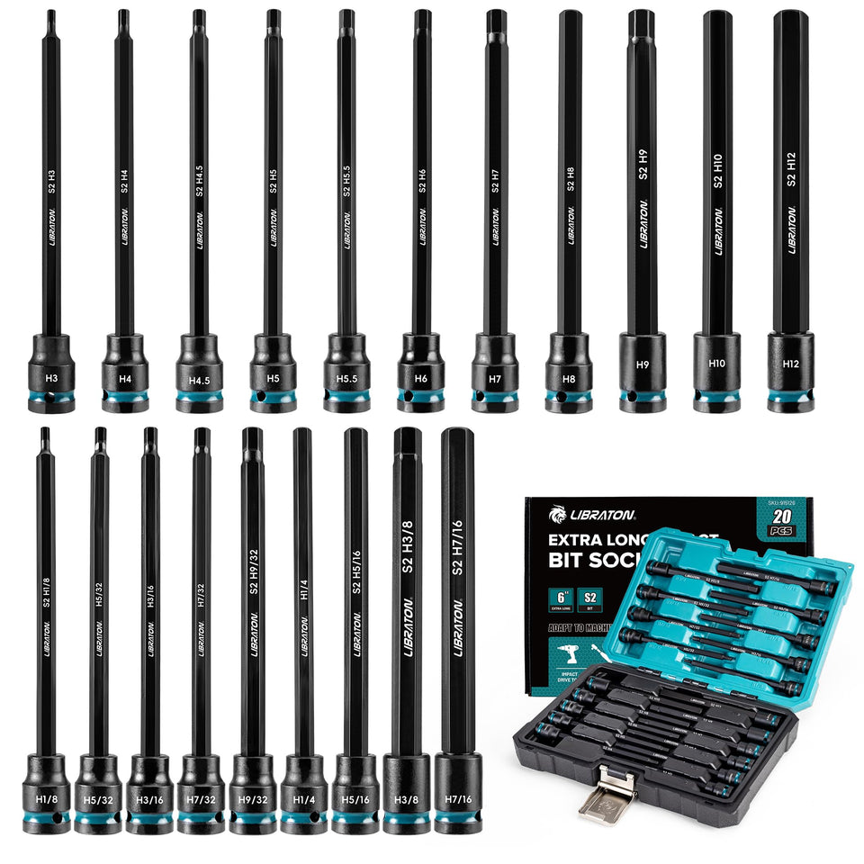 LIBRATON 3/8-inch drive long impact hex bit sockets for tough fasteners.