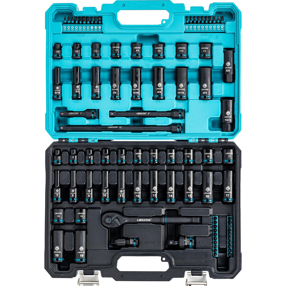 LIBRATON 3/8 socket set case view, organized 90-piece kit for on-the-go repairs.