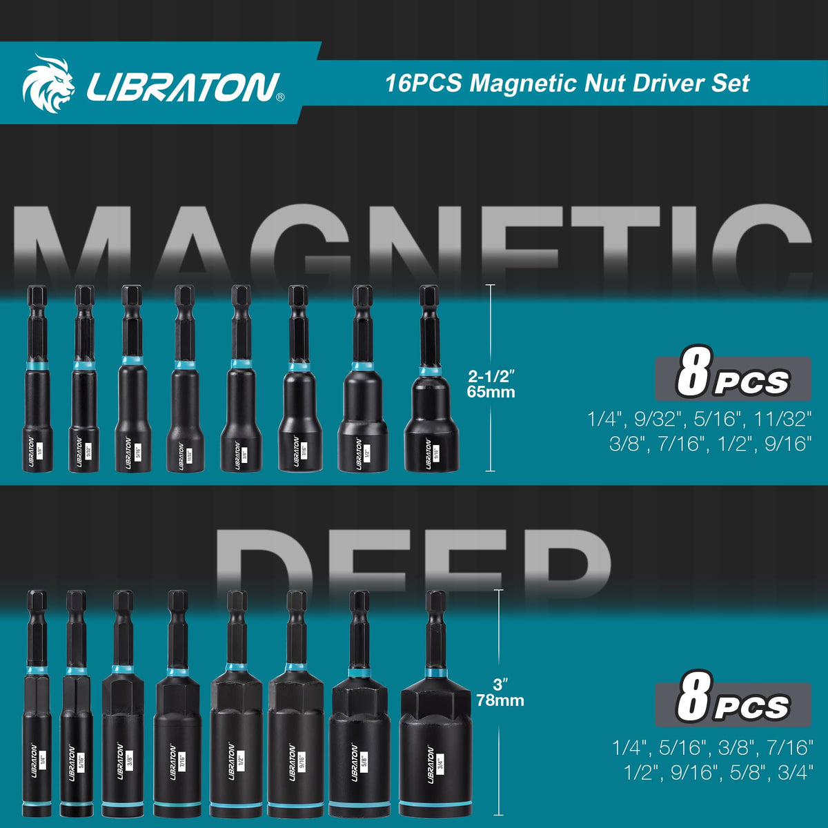 LIBRATON deep nut driver 1/4-3/4 inch closeup highlights rugged drive tips