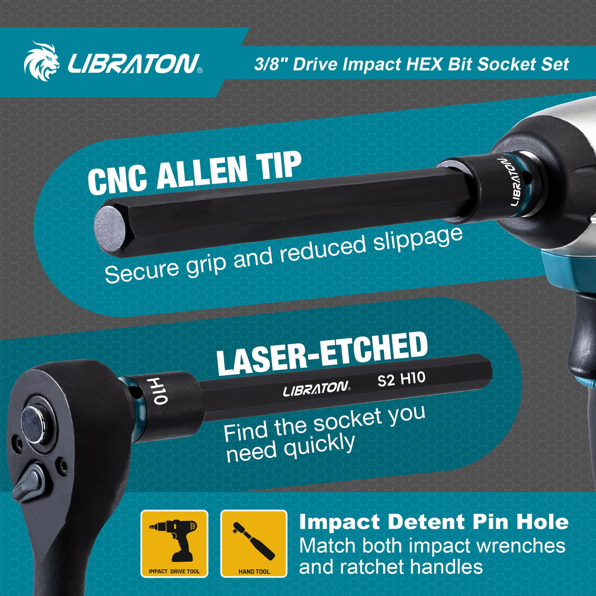 LIBRATON impact-hole design suits impact wrenches and ratchets.