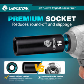 LIBRATON metric deep/shallow sockets covering 7 to 19 mm for precise fits.