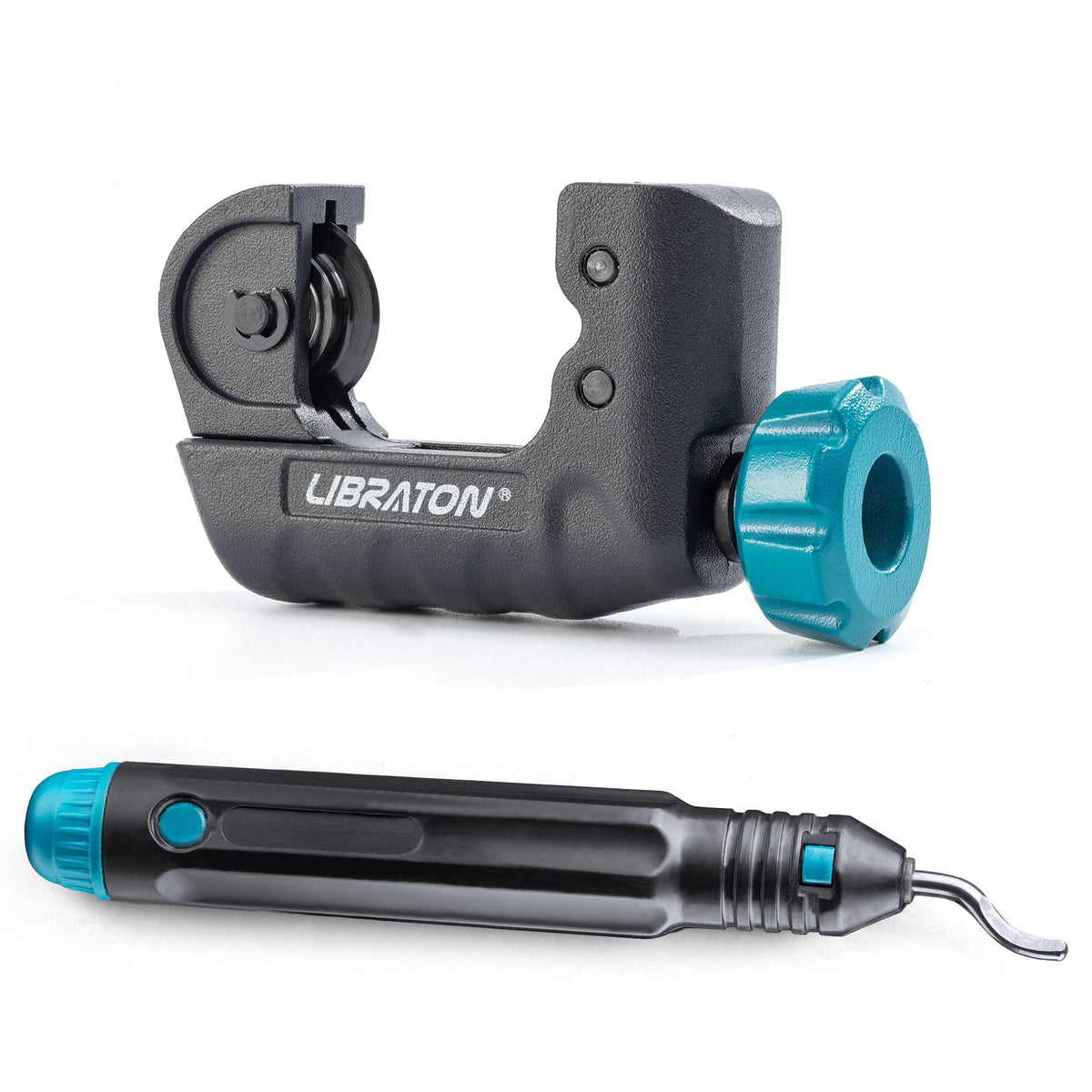 LIBRATON mini tubing cutter shows 4-28 mm range for copper, brass, and aluminum pipes.