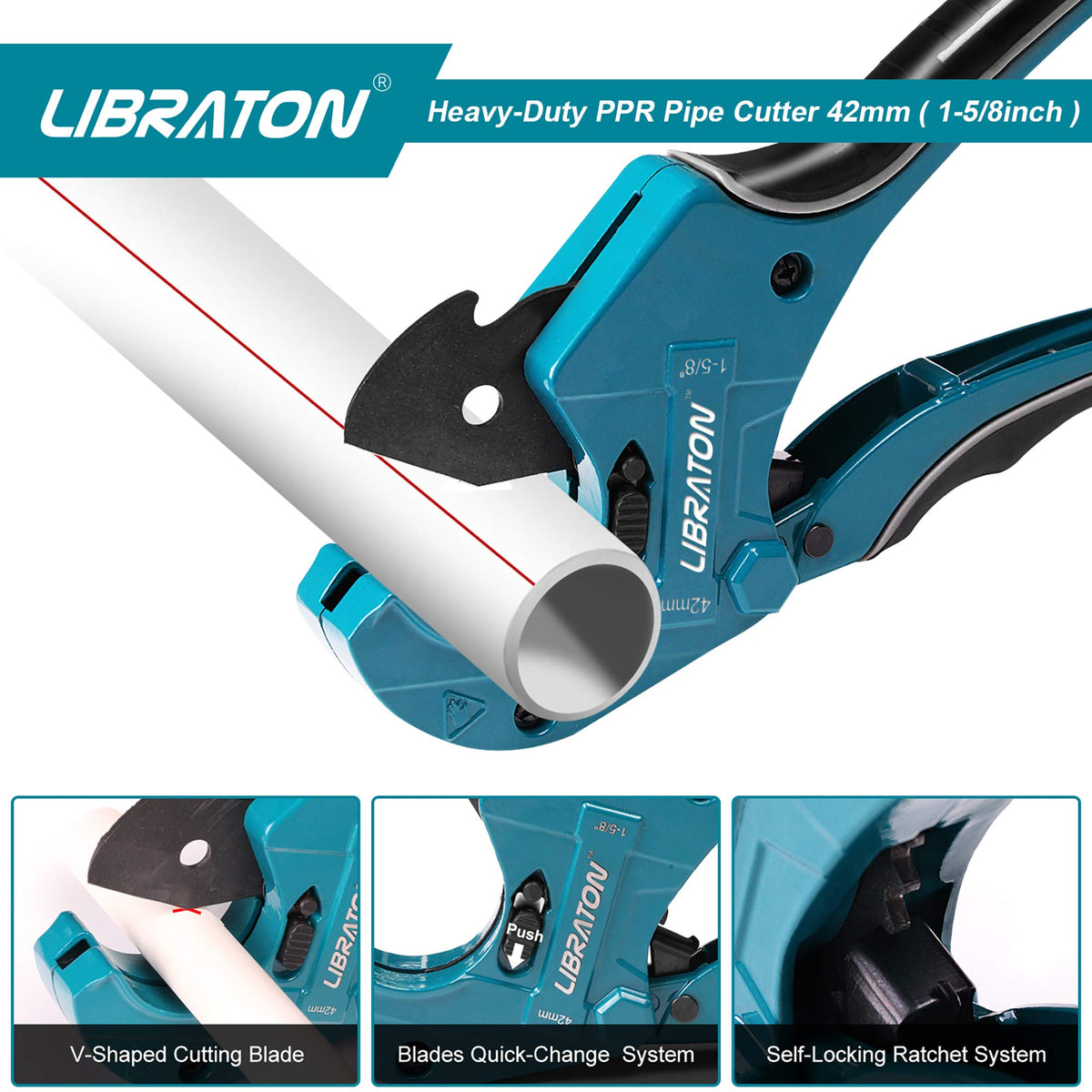 LIBRATON PVC Cutter demonstrates ratcheting drive for easier cuts.