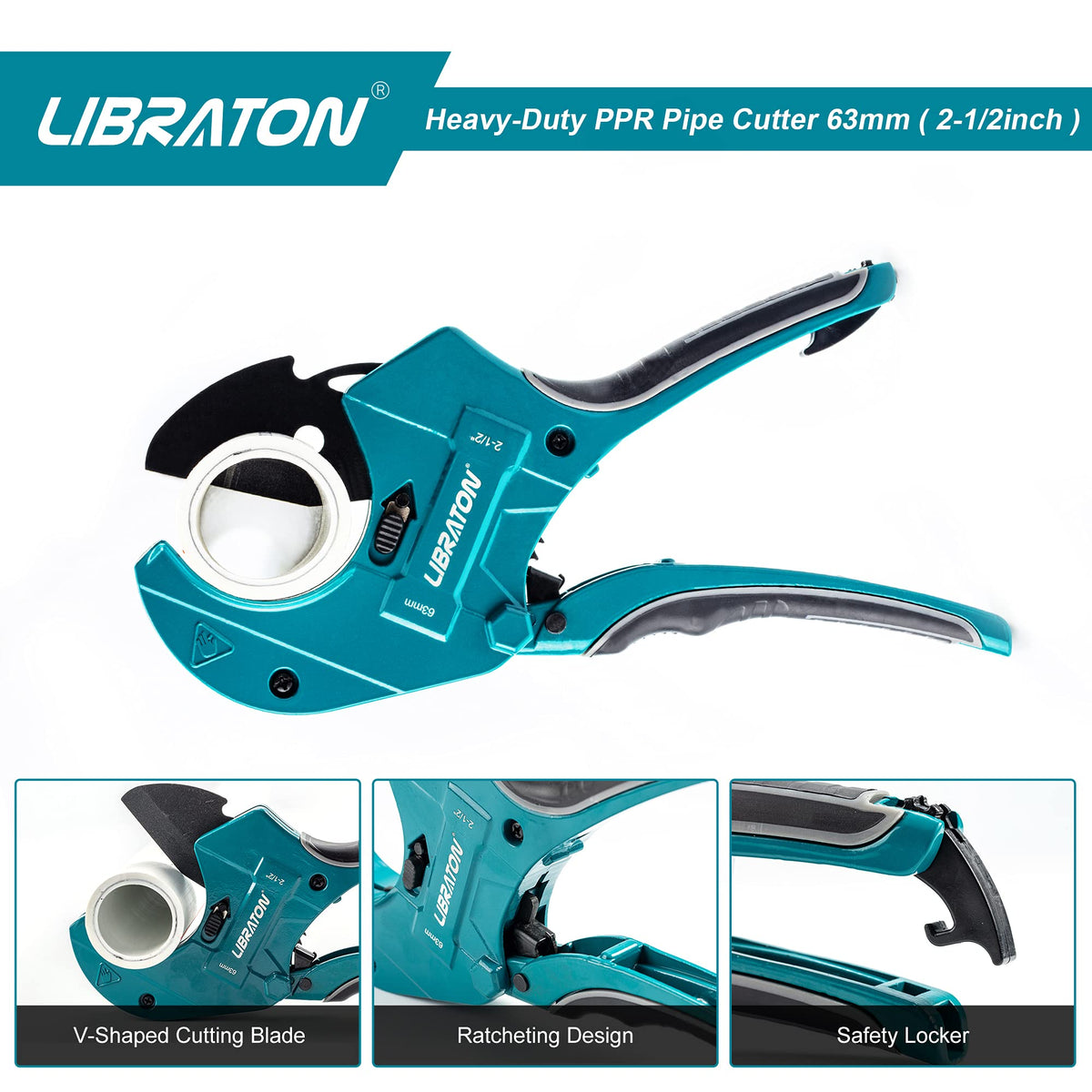LIBRATON PVC pipe cutter demonstrates 2-1/2-inch capacity for larger pipes