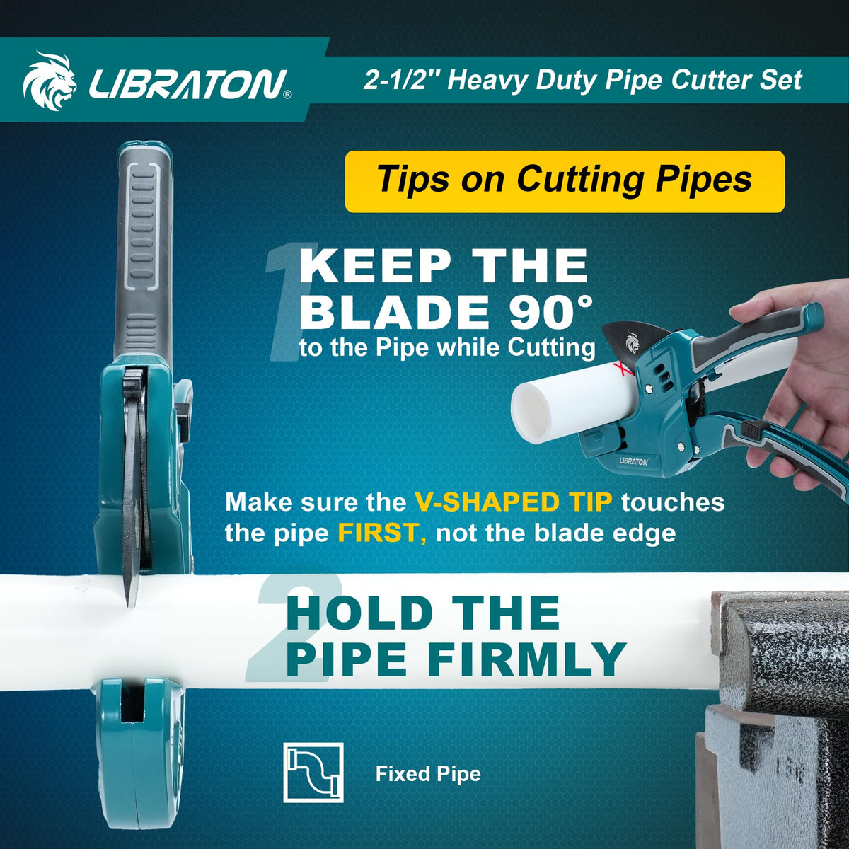 LIBRATON in-use cutting a PVC pipe with clean, flat end.