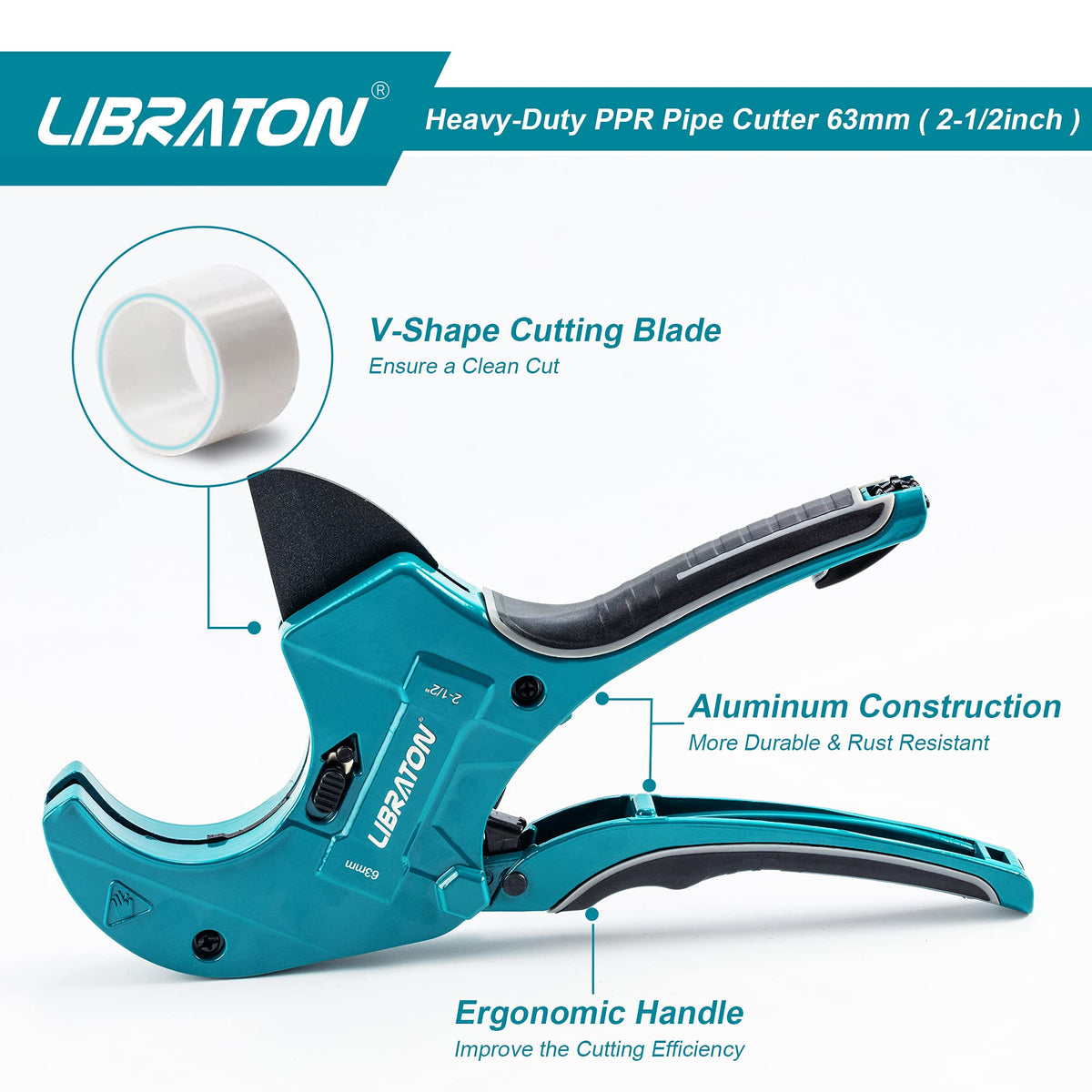 LIBRATON PVC cutter in use with ratchet design enabling one-handed operation