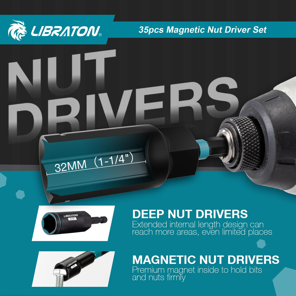 LIBRATON 6-inch quick-release extension improves reach and versatility.
