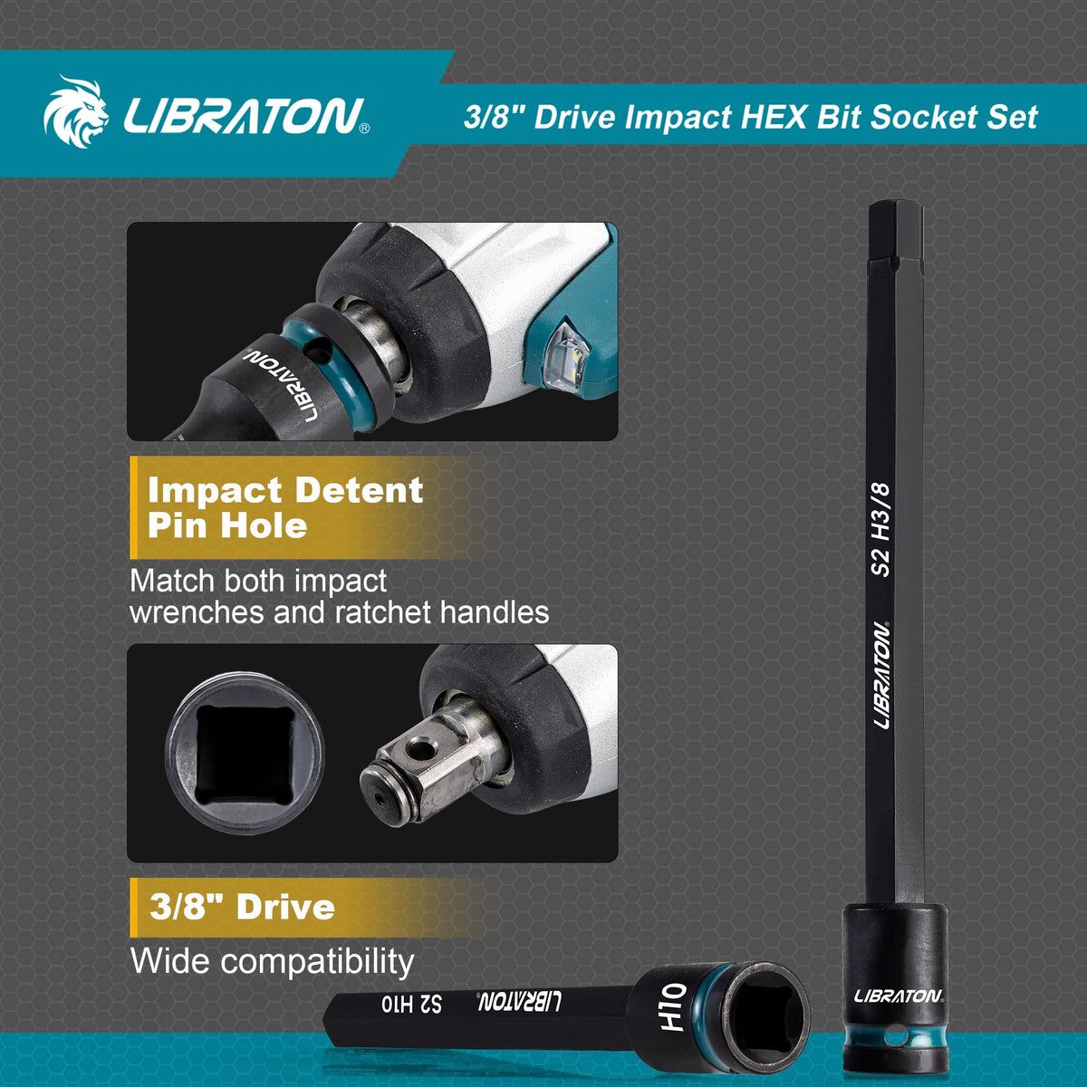 LIBRATON S2 alloy steel hex bit sockets provide durable grip.