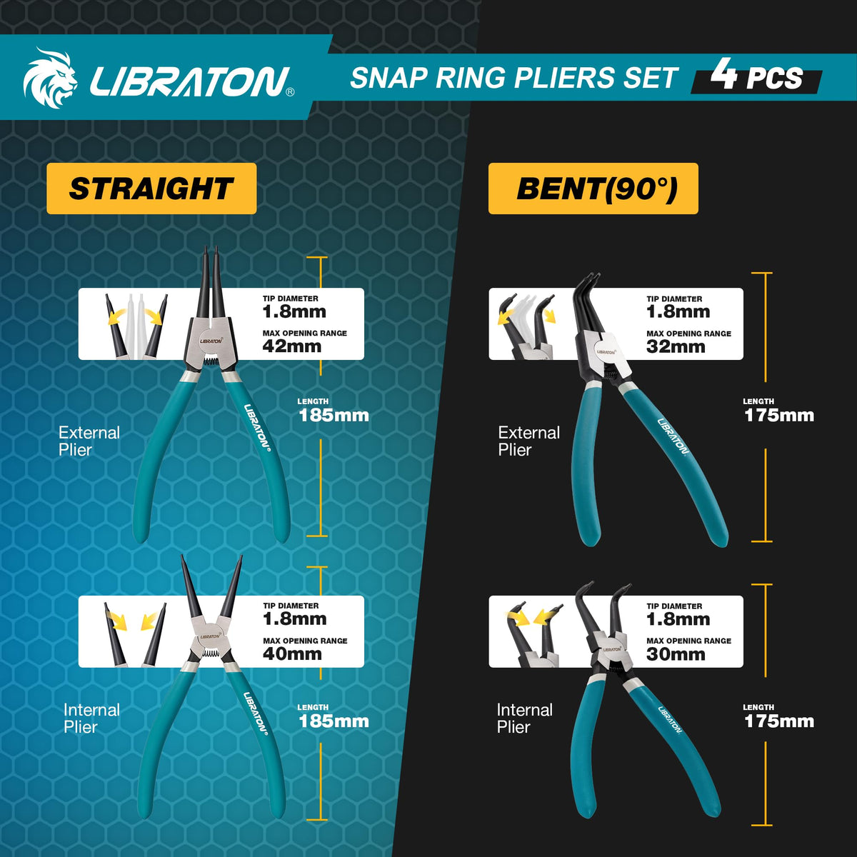 LIBRATON Snap Ring Pliers set straight internal 42mm access tight housings.