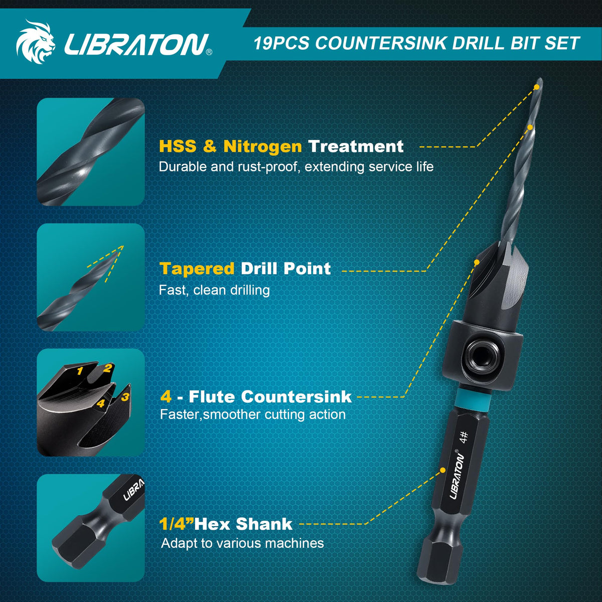 LIBRATON tapered drill bits for woodworking enable clean holes in hardwood and softwood.