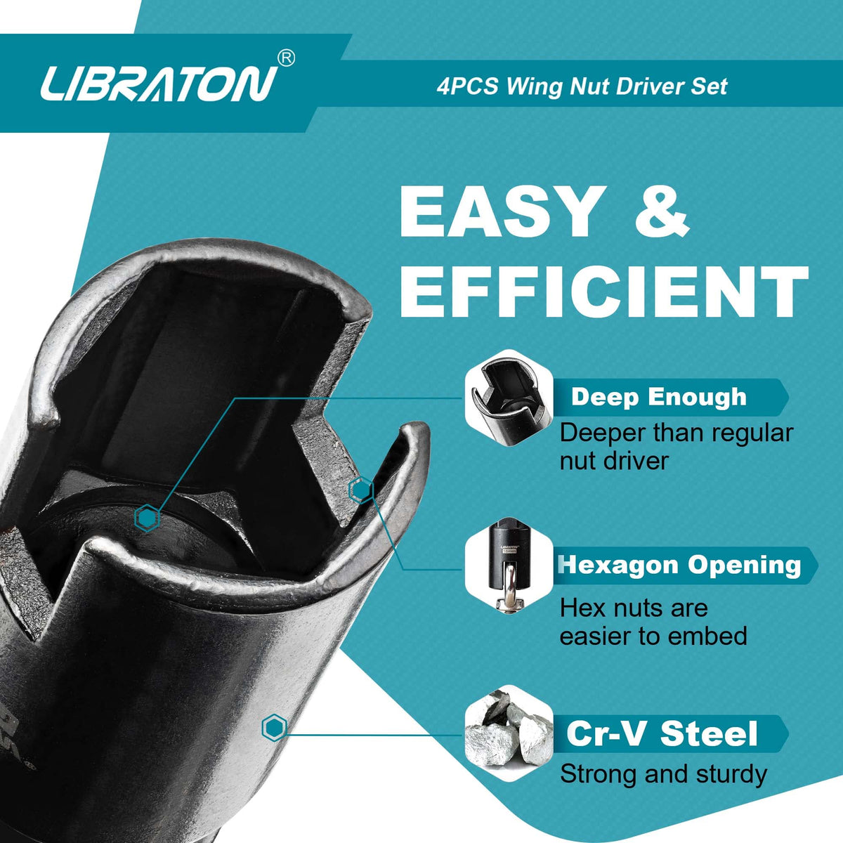 LIBRATON Wing Nut Driver 9mm with durable Cr-V steel for long-lasting use