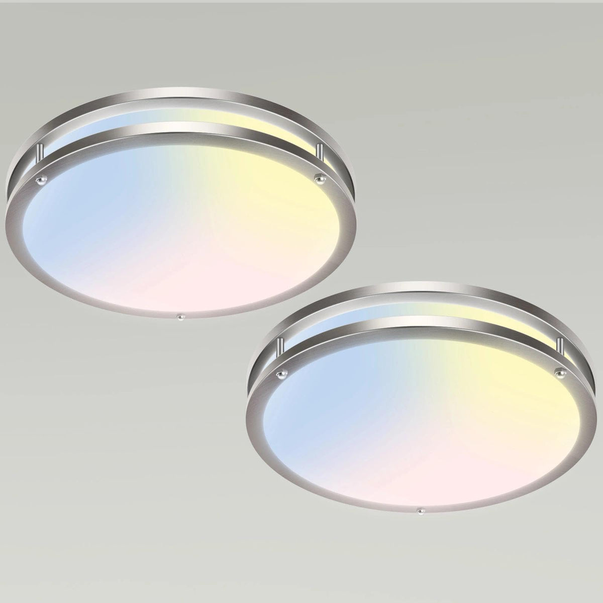Libtit 13-inch flush mount light, front view, broad, even illumination in brushed nickel finish