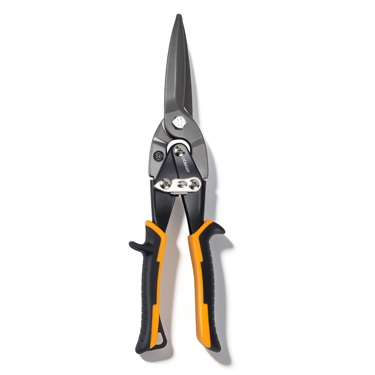 Lichamp 12-inch aviation tin snips blade close-up showing sharp edge for precise metal cuts