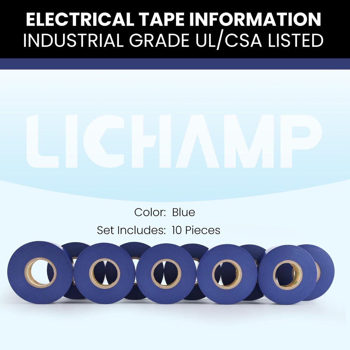 Lichamp blue electrical tape rolls lined up for a project