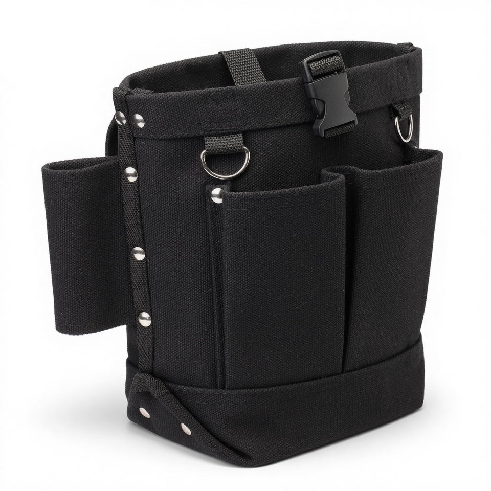 Lichamp bull pin spud wrench holder front view with organized main pocket for quick access on site.