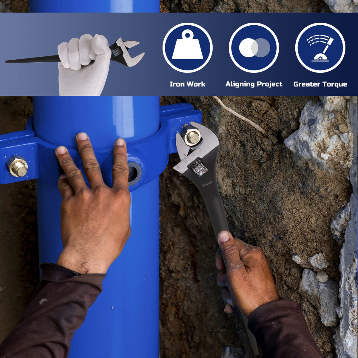 Lichamp three-pack display highlighting value and ready-to-use spud wrench set.
