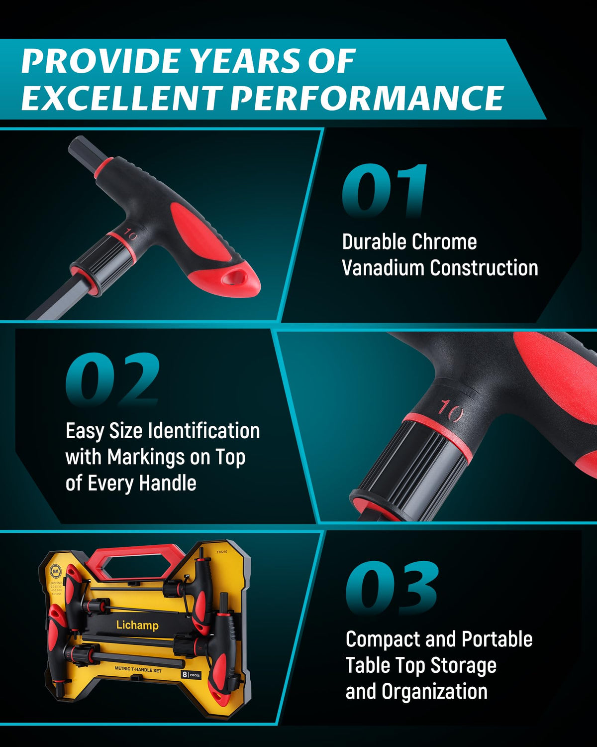 Lichamp 6mm T-handle hex wrench offers steady torque for medium fasteners.
