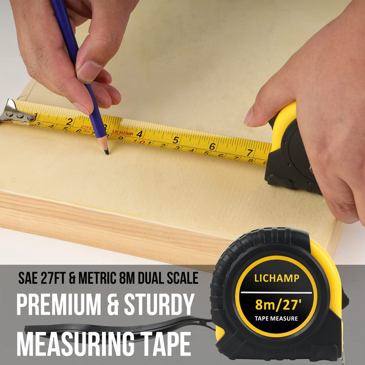 Lichamp tape measure with anti-slip housing for secure handling.
