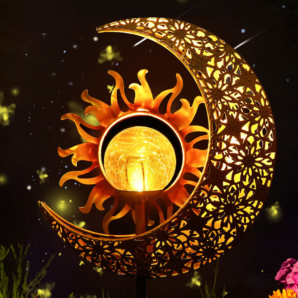 LICKLIP sun and moon crackle glass stake light creates romantic garden ambiance