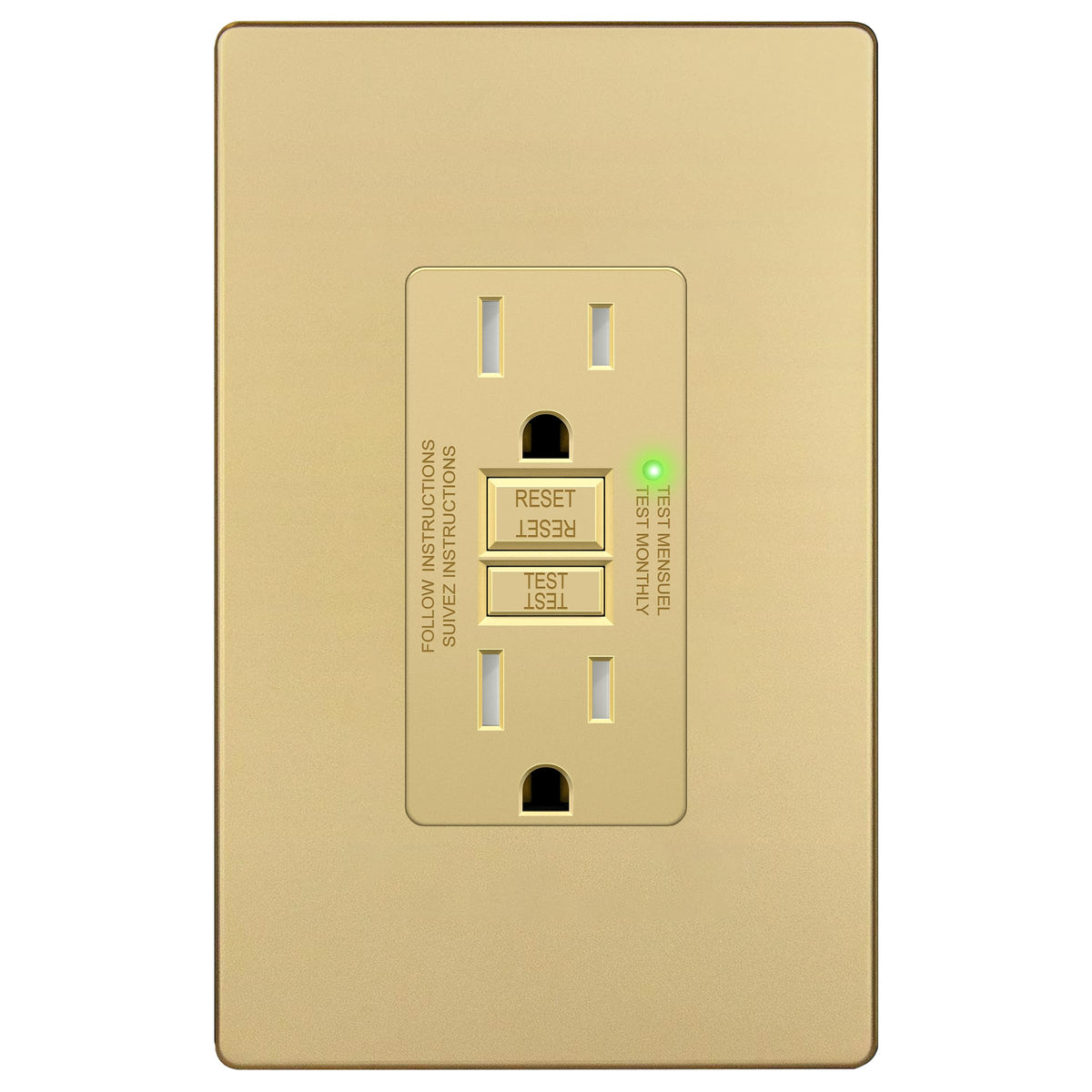 LIDER 15A GFCI outlet front view, matte gold finish, ideal for moisture-prone bathrooms and kitchens.