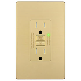 LIDER 15A GFCI outlet front view, matte gold finish, ideal for moisture-prone bathrooms and kitchens.