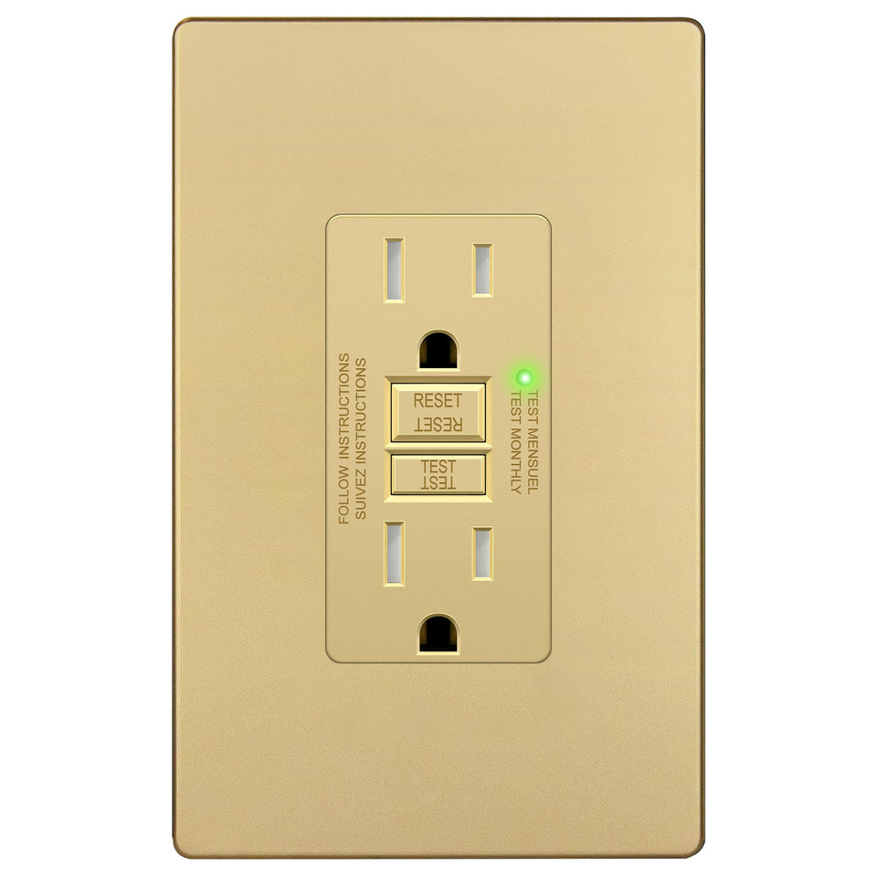 LIDER 15A GFCI outlet front view, matte gold finish, ideal for moisture-prone bathrooms and kitchens.