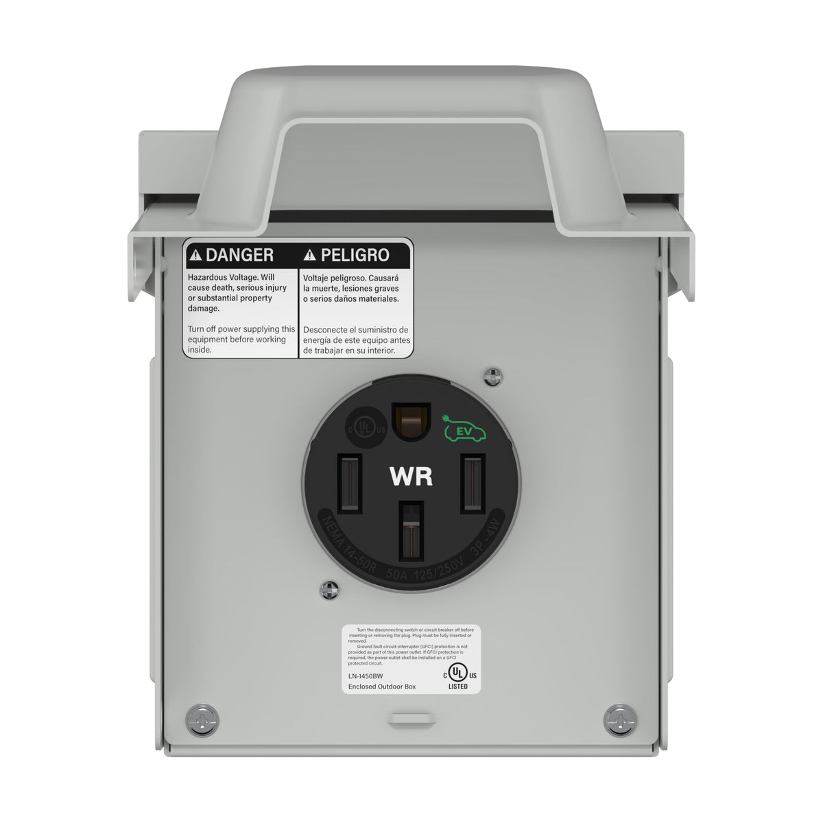 LIDER 50A EV/RV outlet box front view showing access to outdoor power