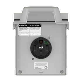 LIDER 50A EV/RV outlet box front view showing access to outdoor power