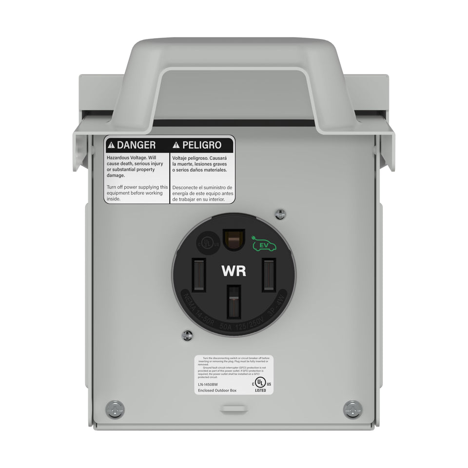 LIDER 50A EV/RV outlet box front view showing access to outdoor power