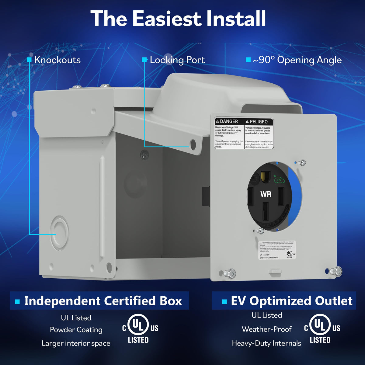 LIDER 50A EV/RV outlet box rear view with weatherproof design