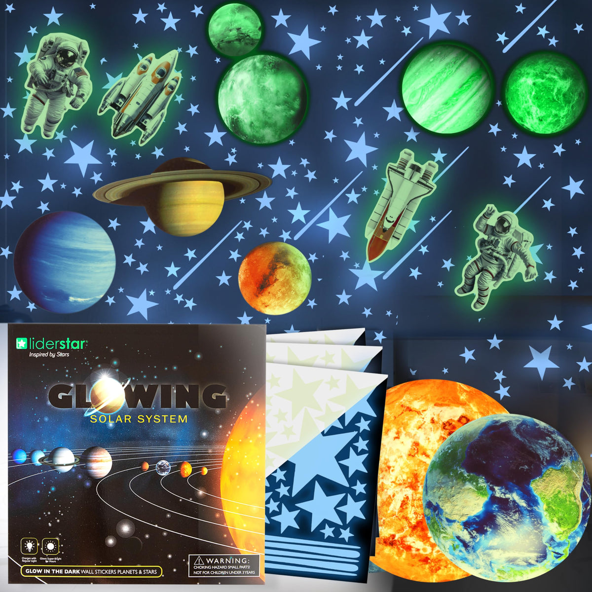 LiderStar glow-in-the-dark stars and planets wall stickers brighten rooms with a calming, magical glow.