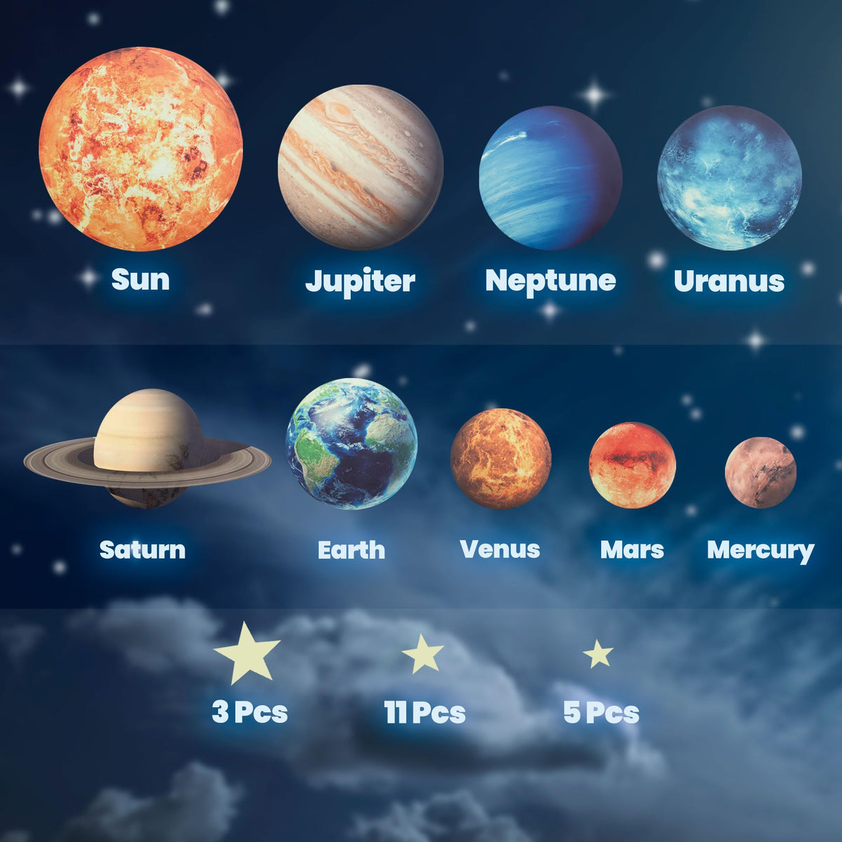 LiderStar solar system planets green glow decals for space-themed learning at night.