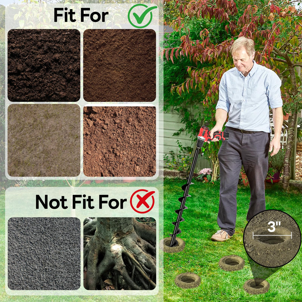 Liedisess auger works best in loam, sand, and soft clay for precise drilling.