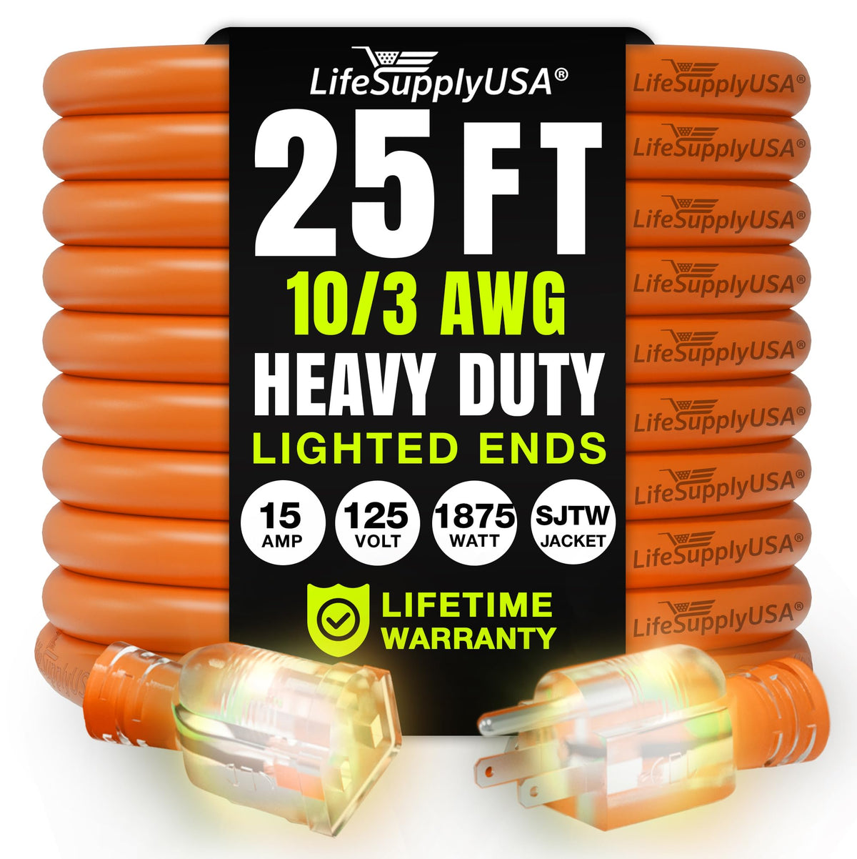 LifeSupplyUSA 25ft extension cord for outdoor and indoor use, versatile high-power solution