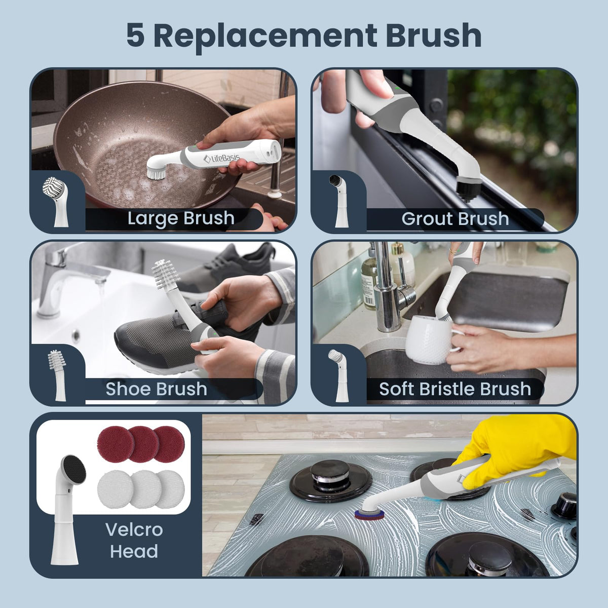 LifeBasis five brush heads for grout, tile, and surfaces.