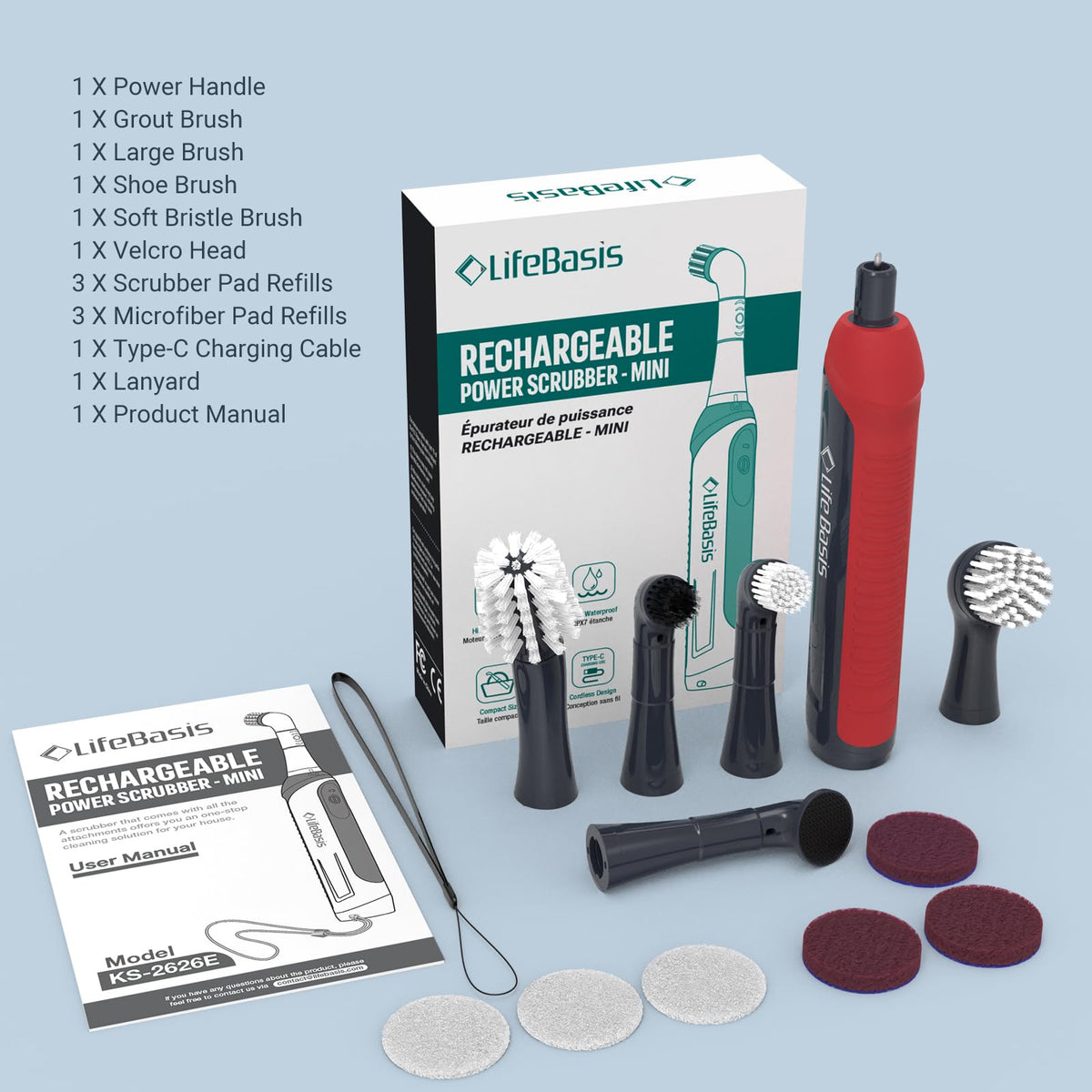 LifeBasis Type-C charging cable keeps the tool powered during cleaning sessions