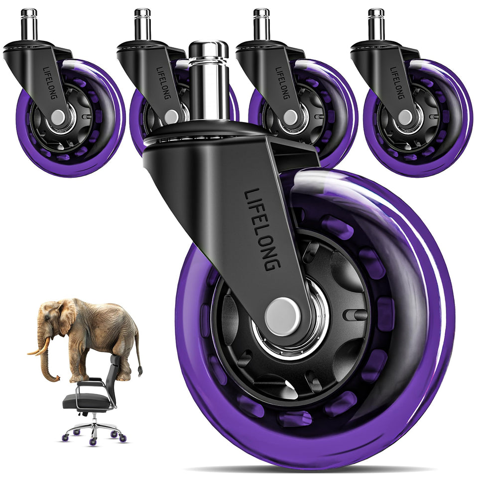 Lifelong Original purple chair wheels side view for smooth glide on hardwood floors