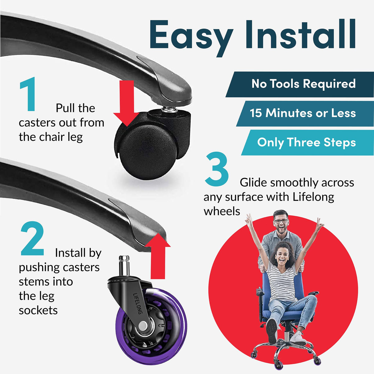 Lifelong Original chair wheels steel core supports high load durability