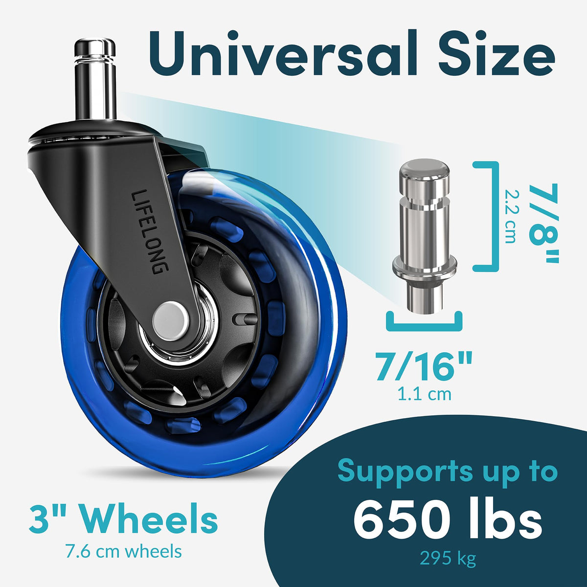 Chair caster stem size 7/16 by 7/8 inch with Lifelong wheels