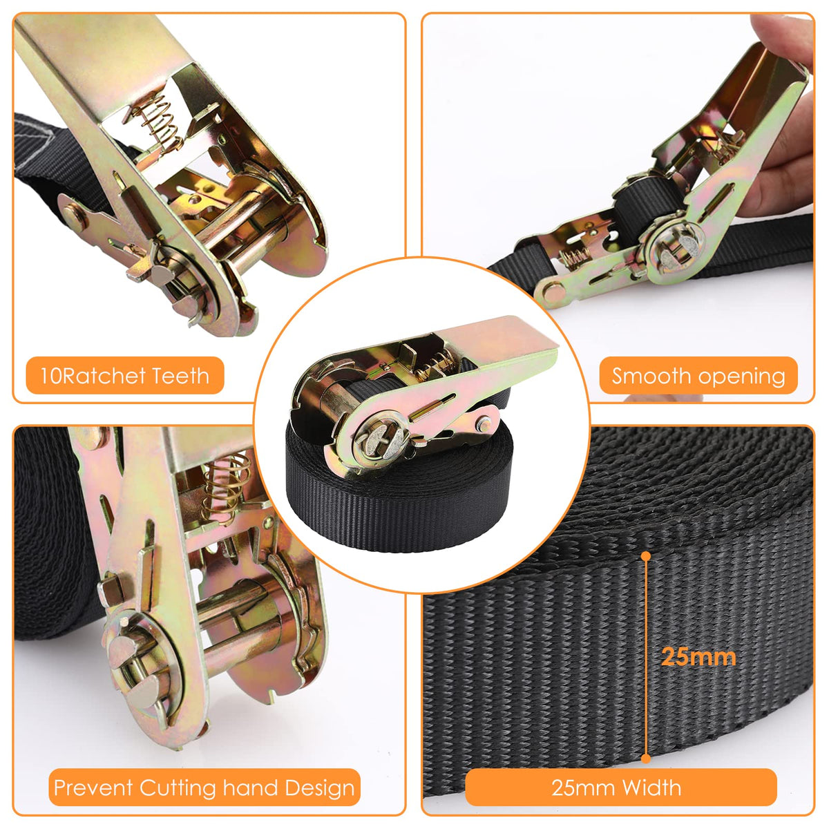 LIFERUN galvanized steel ratchet shown for corrosion resistance on trips.