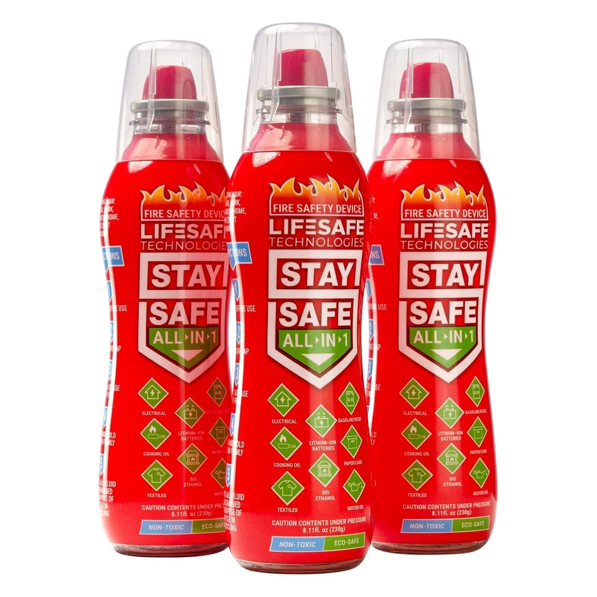 LifeSafe StaySafe bottle demonstrates multi-fire-types coverage for home safety.