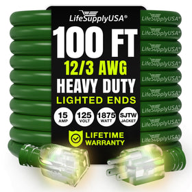 LifeSupplyUSA 100ft extension cord green, outdoor and indoor use, long reach for power needs