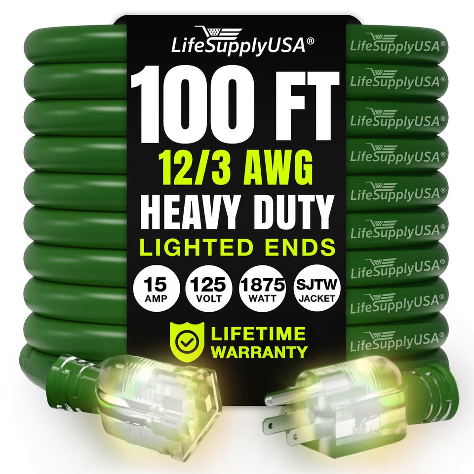 LifeSupplyUSA 100ft extension cord green, outdoor and indoor use, long reach for power needs