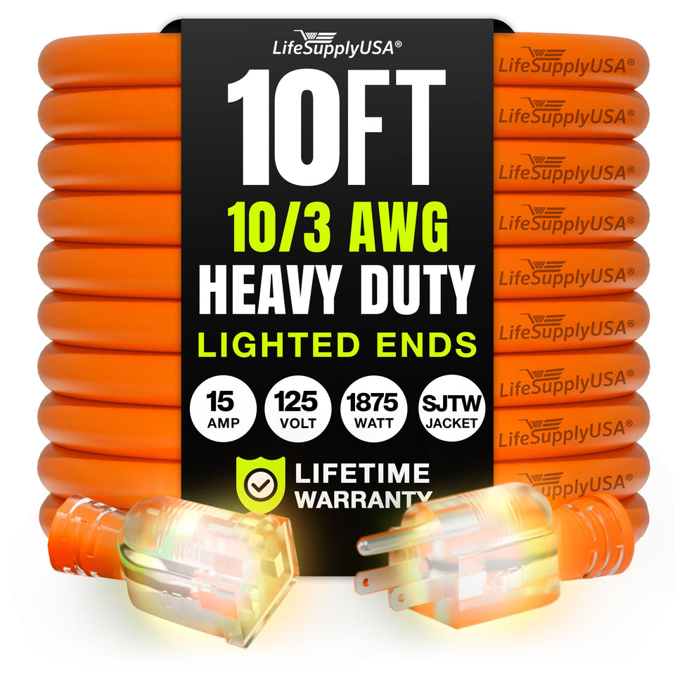 LifeSupplyUSA 10ft extension cord outdoors showing rugged weatherproof design for outdoor projects